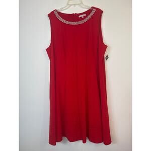 Sandra Darren Red Sleeveless Shift Dress 22W Faux Pearl, Diamond Neckline NWT